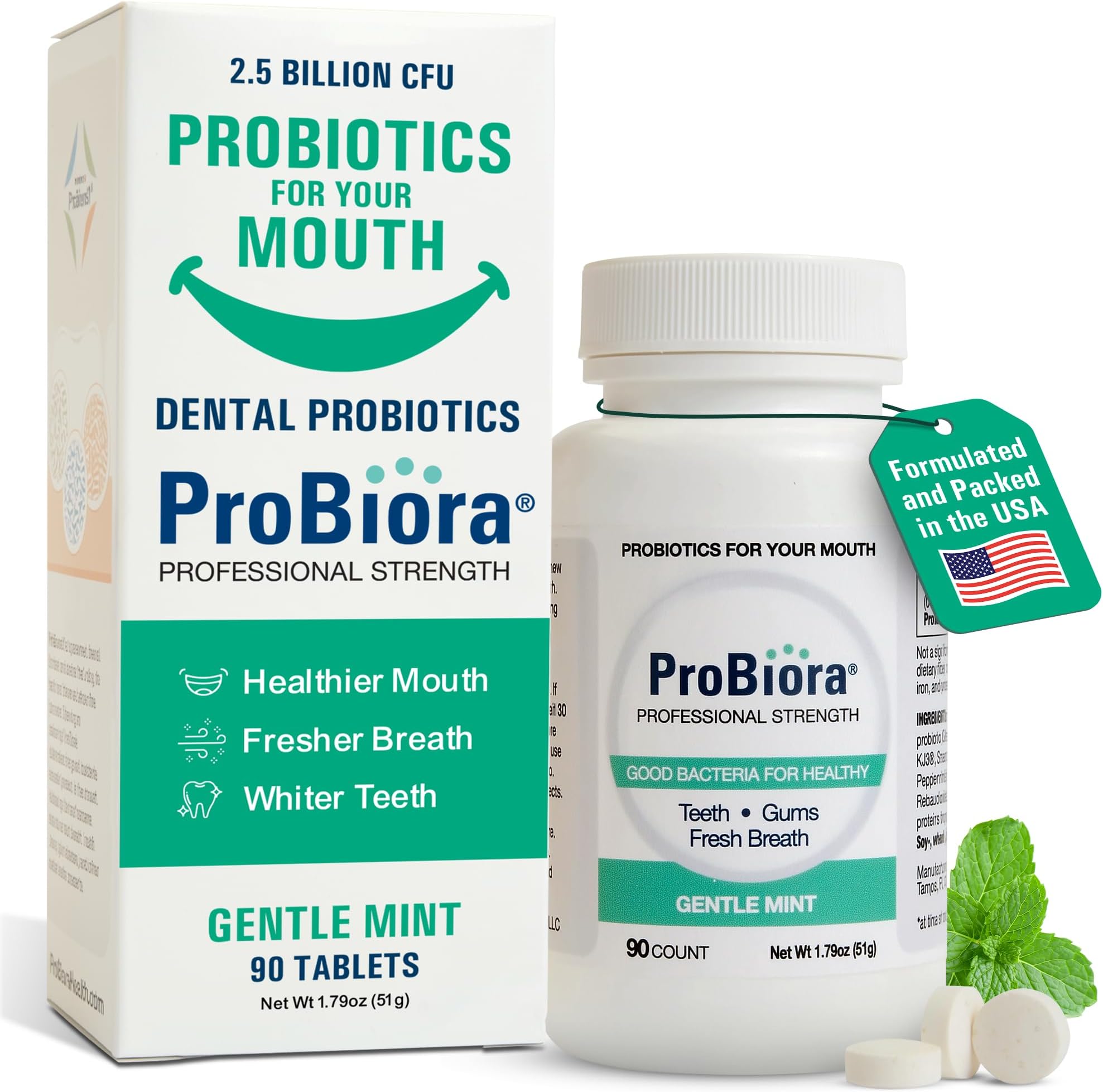 ProBiora Professional Strength Oral Probiotics for Teeth and Gums | Dental Probiotic for Oral Health | Bad Breath Treatment for Adults | Tooth Whitening | ProBiora3 Probiotic Blend | 90 Mint Tablets