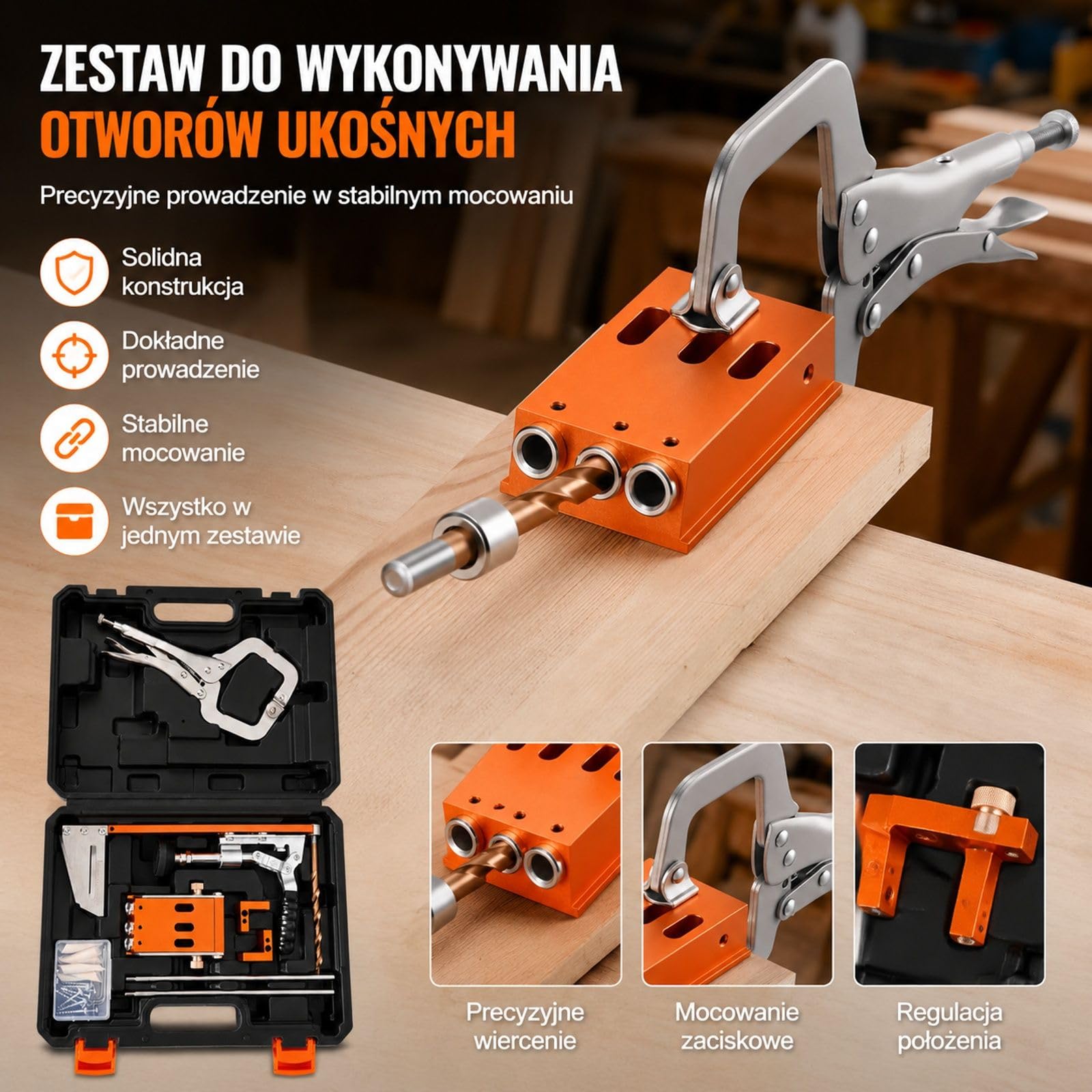 Zestaw do otworów kieszeniowych z walizką narzędziową, zaciskiem C, wiertłem stopniowym, kluczem imbusowym, pierścieniem ograniczającym, bitem kwadratowym, metalową ramą do obróbki drewna