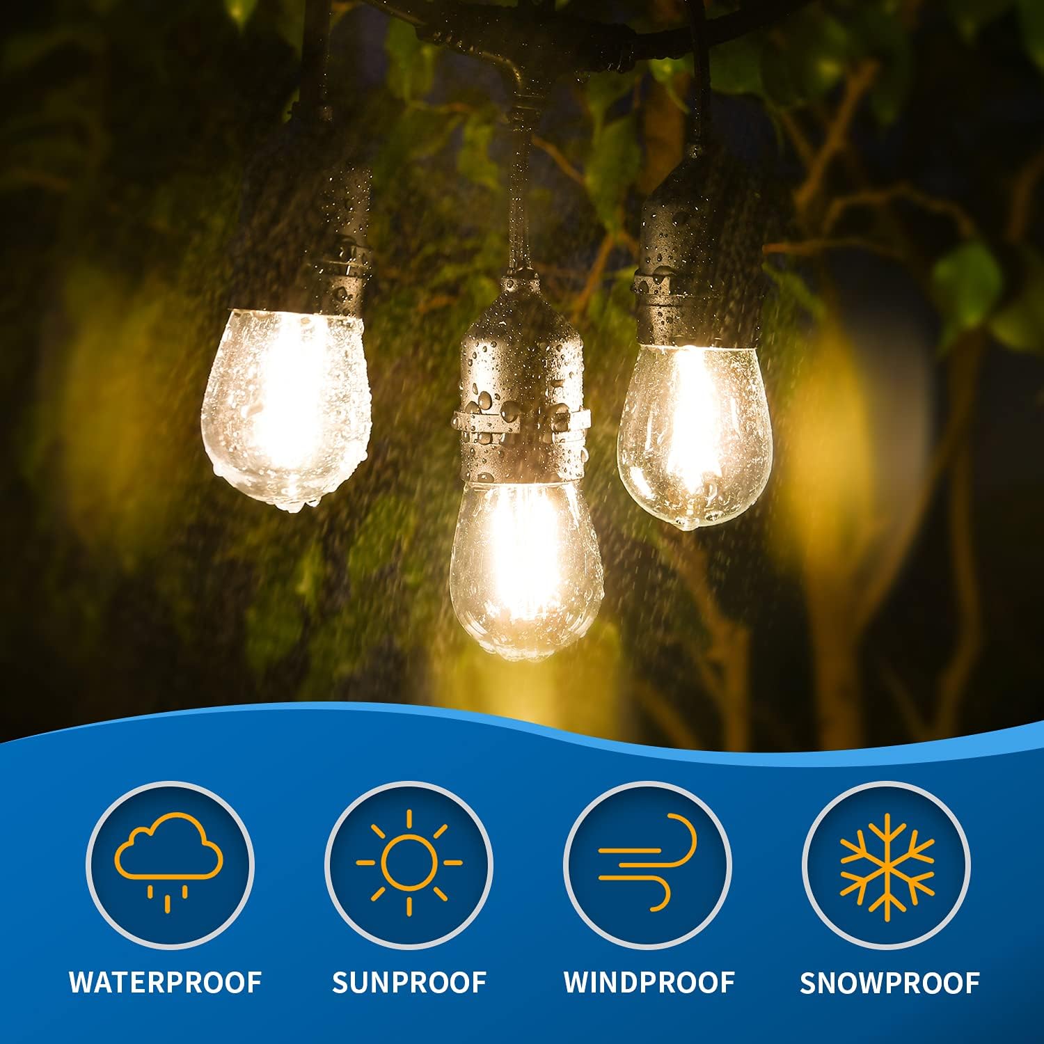 LED Outdoor String Lights, 48FT with 2W Dimmable Edison Vintage Plastic Bulbs and Commercial Great Weatherproof Strand - UL Listed Heavy-Duty Decorative LED Café Patio Light, Porch Market Light - - 