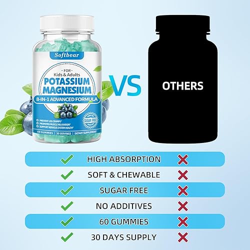 Miniatura 6 de Gomitas de potasio para adultos, suplemento de magnesio y potasio de alta absorción con vitamina B6 para calambres en las piernas y salud muscular,