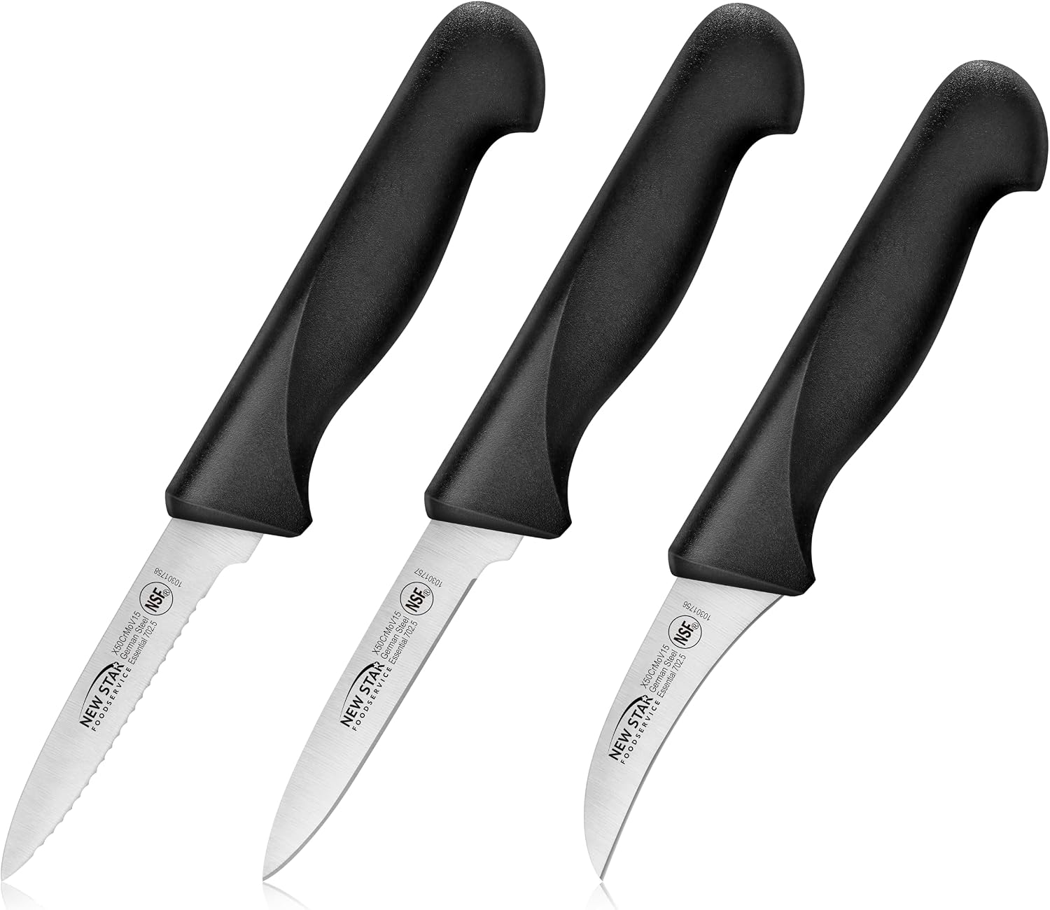 New Star Foodservice Essential 3-Piece Paring Knife Set, 2.75" Peeling Knife + 3.25" Serrated & Straight Paring Knives, German X50CrMoV15 Steel