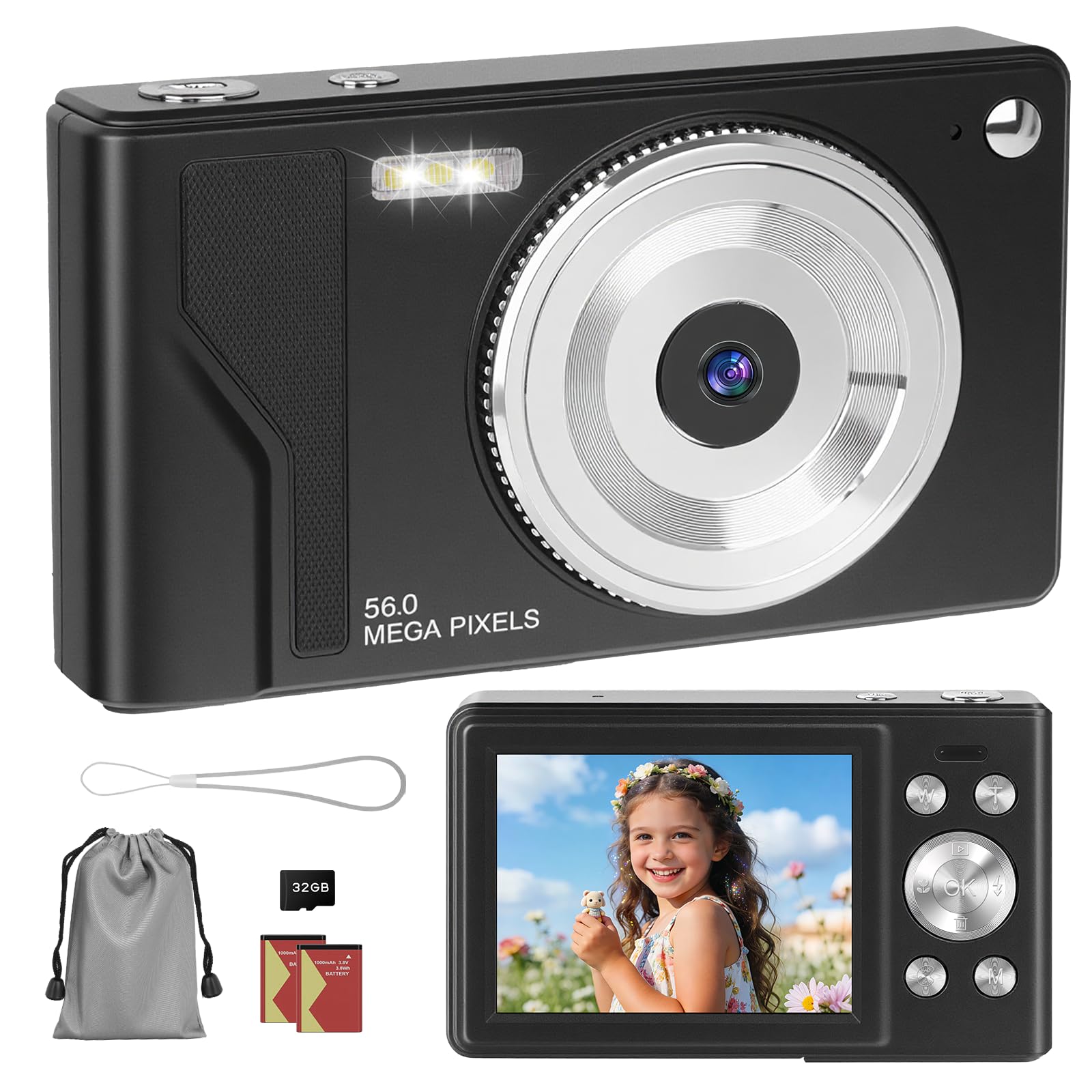 Cámara Digital 56MP 1080P FHD con Autofoco, Zoom Digital 16X, Pantalla LCD 2.8", Tarjeta SD 32GB y 2 Baterías - Cámara Compacta Portátil para Niños, y Principiantes (Negro-1.)