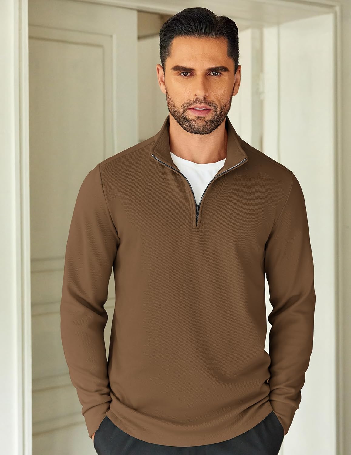 COOFANDY Men's Quarter Zip Up Pullover Lightweight Mock Neck Sweatshirt Casual Long Sleeve Polo Shirt - Image 2
