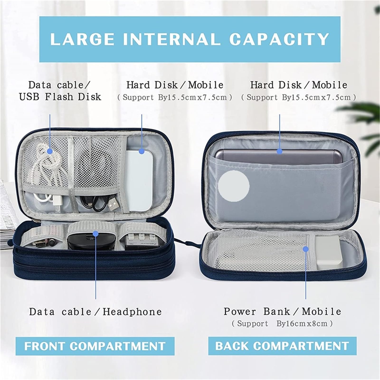 Organizer Cavi Organizzatore da viaggio da 2 pezzi Accessori elettronici Organizzatore di archiviazione portatile impermeabile a doppio strato for cavo di alimentazione del disco rigido(Deep blue)