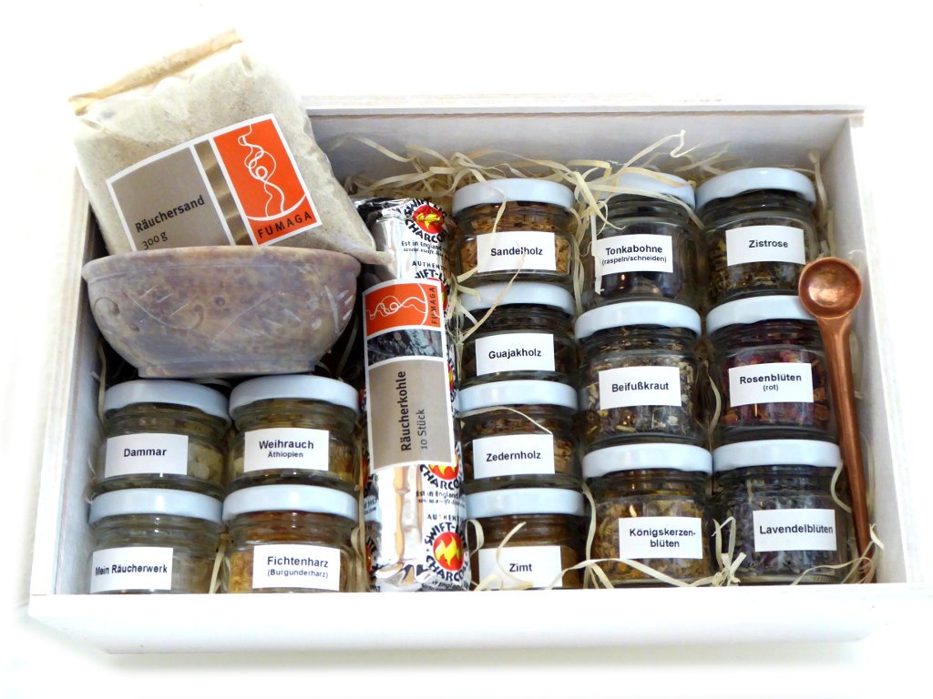 Räucherset in Holzkiste „Meine kleine Räuchermanufaktur“ - Räuchermischungen kreativ selbst gestalten -
