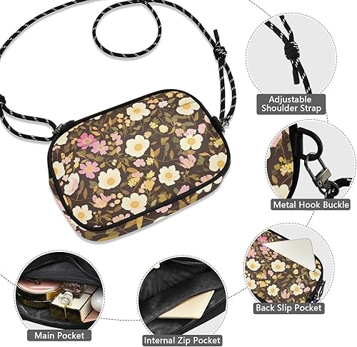 Vista 4 de Bolso cruzado antirrobo retro con flores vibrantes y hojas blancas para mujer, práctico con ranuras para tarjetas de crédito, bolsa casual