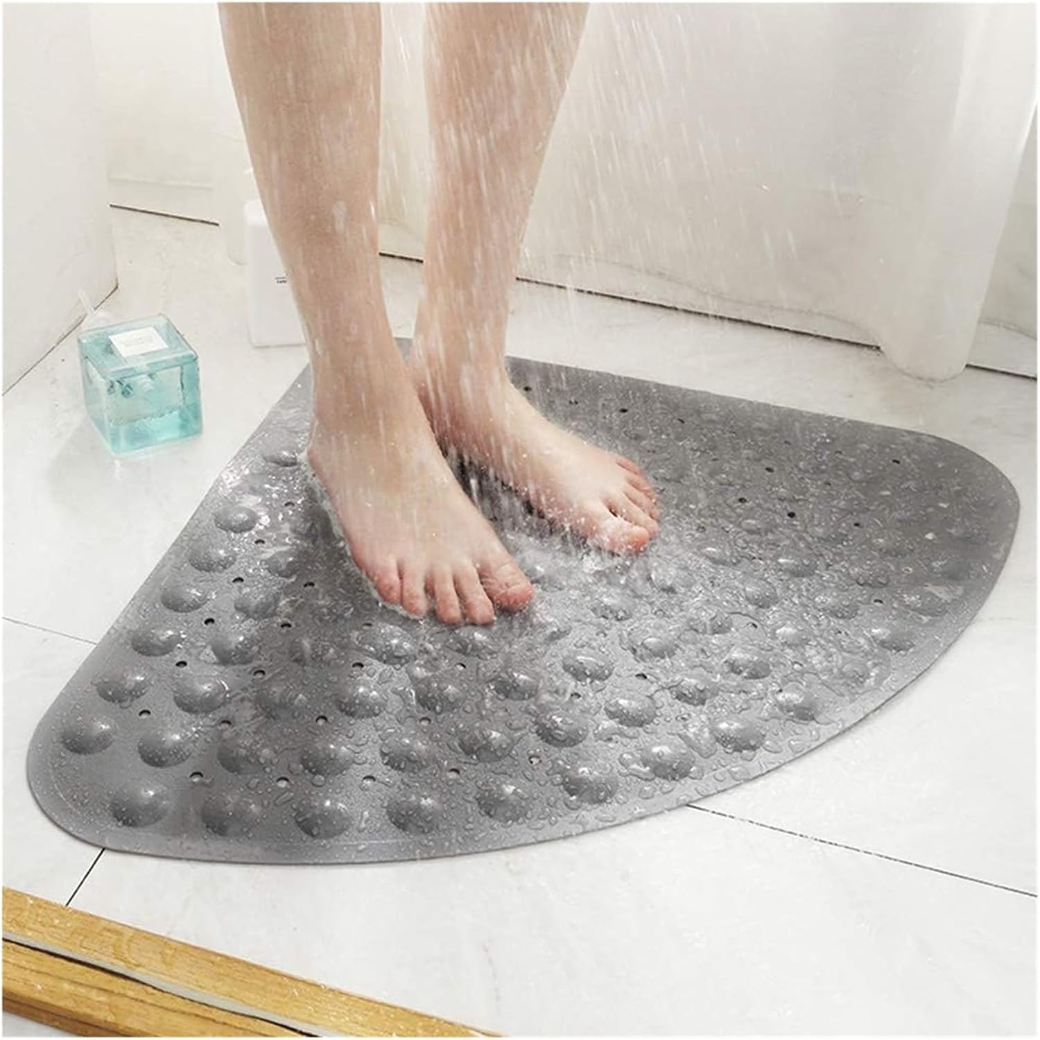 Corner Bath Mat with Massage Bubbles – Non-Slip PVC Shower Mat with Suction Cups & Drain Holes, Fan-Shaped Solid Color(White,Medium)