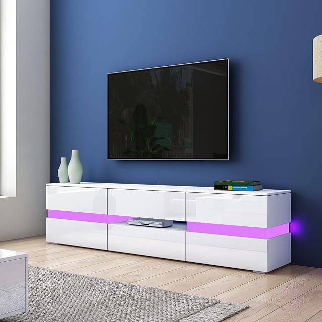 AWOOOD LED TV Stand, Modern High Gloss TV Cabinet with 2 Doors 1 Drawer Entertainment Sideboard for Living Room Furniture 177cm (White)