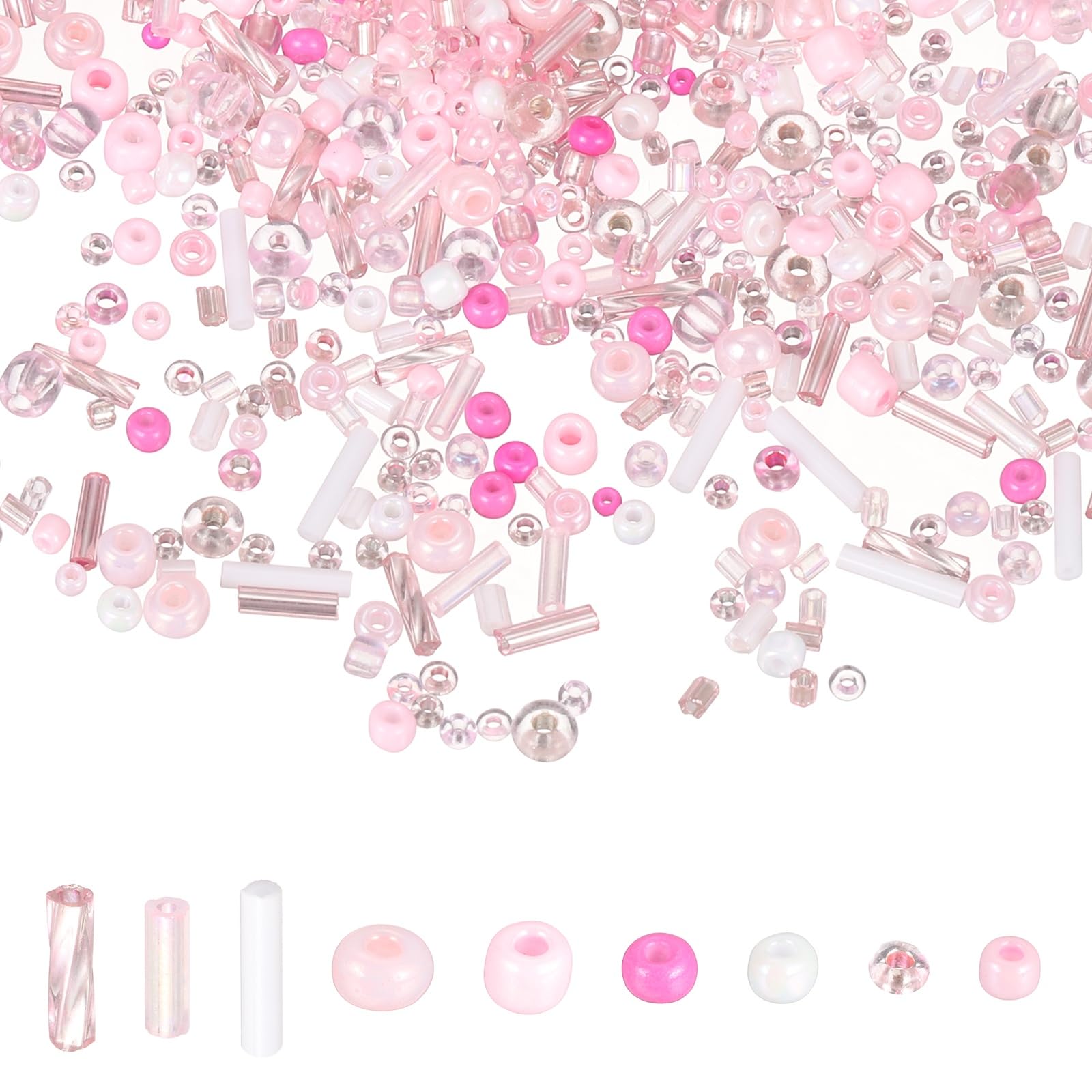 sourcing map 5000 Pcs Mixed Glass Seed Beads, 1.5-6mm Mini Loose Glass Bugle Spacer Bead Embroidery Beads for DIY Craft Projects Earrings Necklaces Bracelets Jewelry Making, Pink