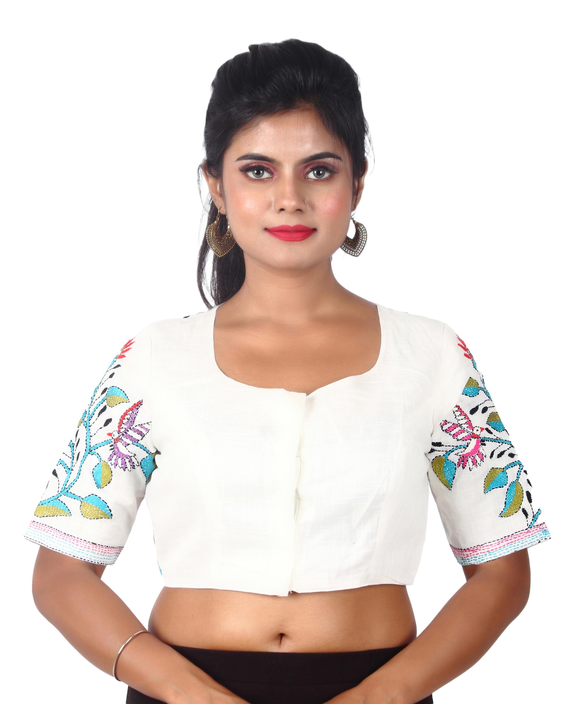 tanjinas Women's Cotton - Multicolor - Hand Kantha Floral Motif - Half Sleeve Readymade Designer Blouse-picture-51