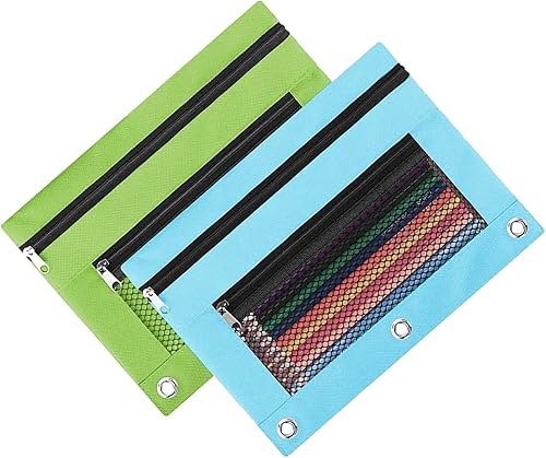 Miniatura 2 de Estuche para lápices con 3 anillas, gran capacidad, tiradores de cremallera, doble bolsillo, estuche para lápices con 3 agujeros para carpeta y