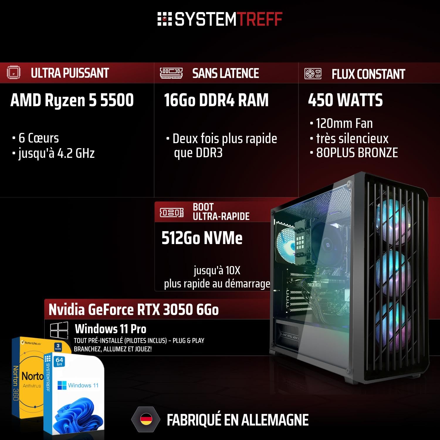 SYSTEMTREFF PC Gamer Basique - AMD Ryzen 5 5500 - RTX 3050 6Go