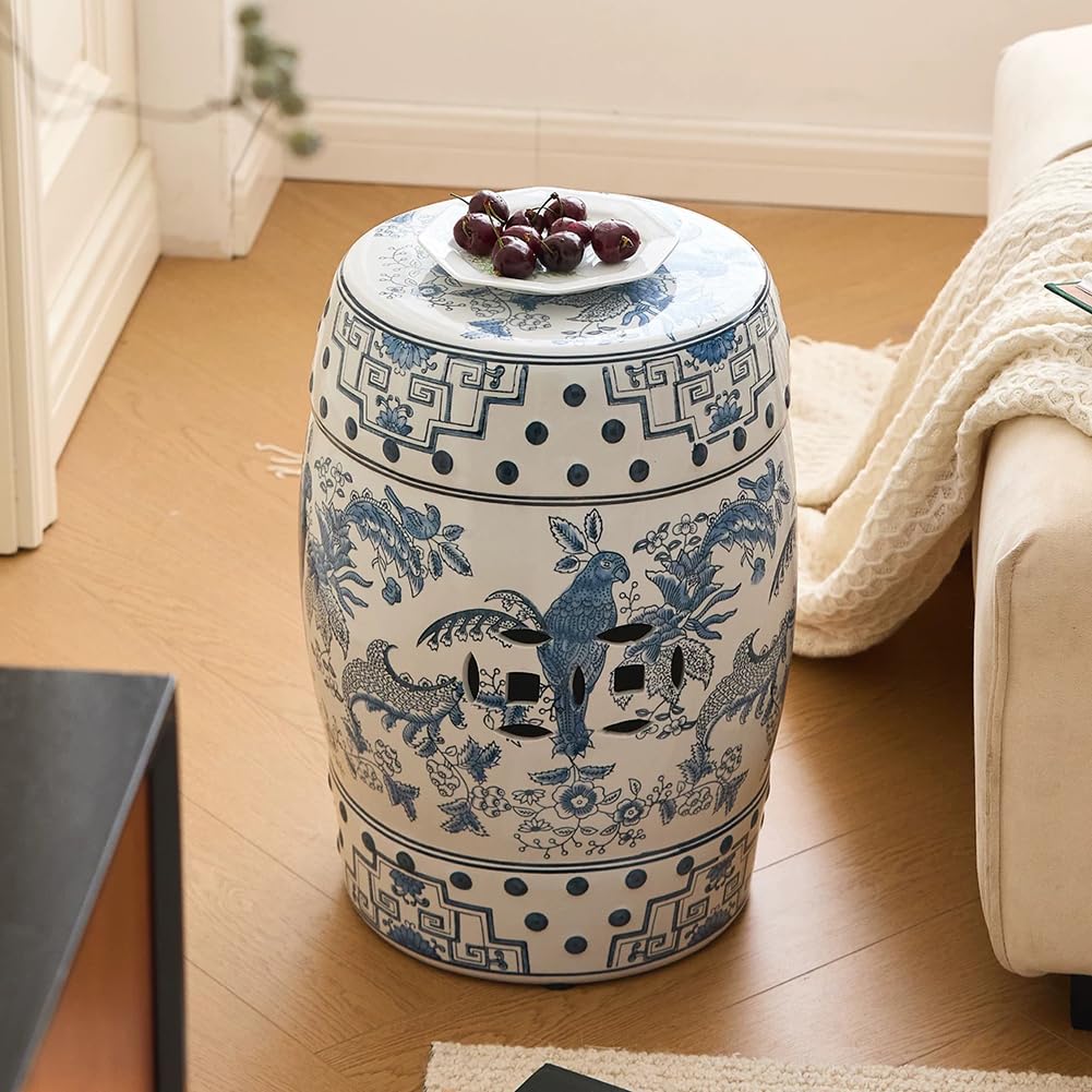 Tabouret en porcelaine bleue et blanche peint à la main pour salon