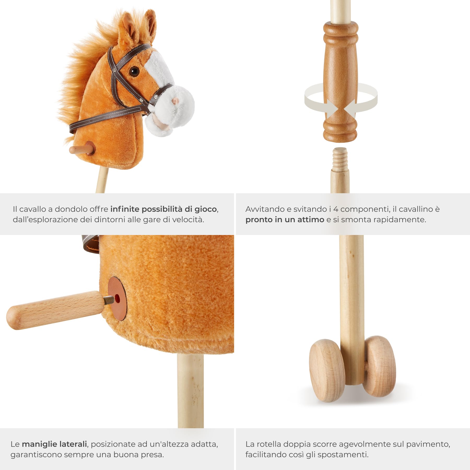 tectake® Cavallo Giocattolo con Bastone per Bimbi, Peluche Cavallo, Cavalli Giocattolo con Bastone in Legno, Doppie Rotelle, Hobby Horse, Idee Regalo Equilibrio per Bambini dai 24 mesi - Marrone