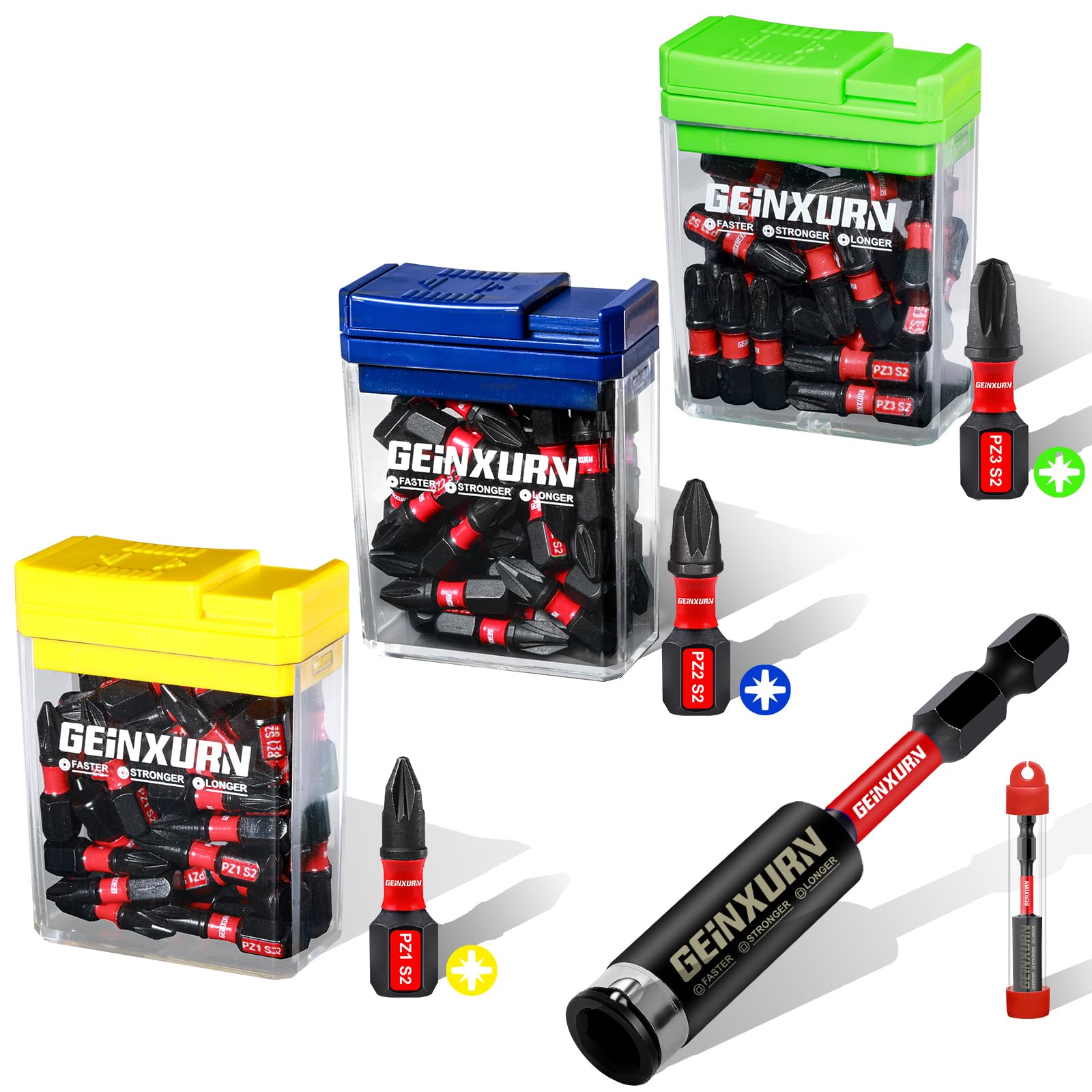 Geinxurn Impact Pozi - Juego de 90 puntas de destornillador magnéticas de 1 pulgada (PZ1/PZ2/PZ3) S2 de acero y 1 soporte de brocas con caja colorida de almacenamiento