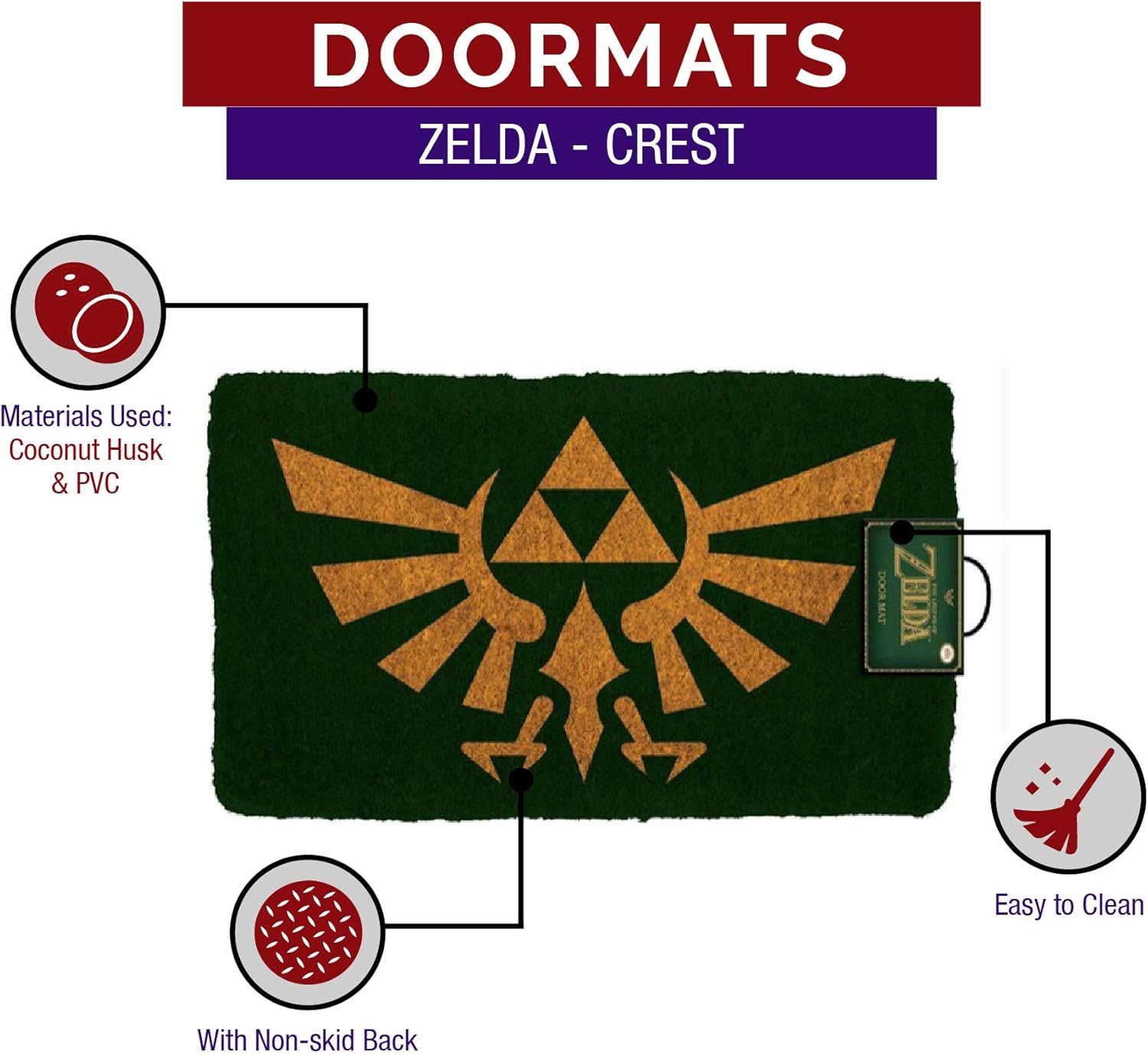 Pyramid America Zelda Crest Coir Doormat - 29" x 17" Indoor/Outdoor Entry Mat with Non-Skid PVC Back - Durable & Easy to Clean