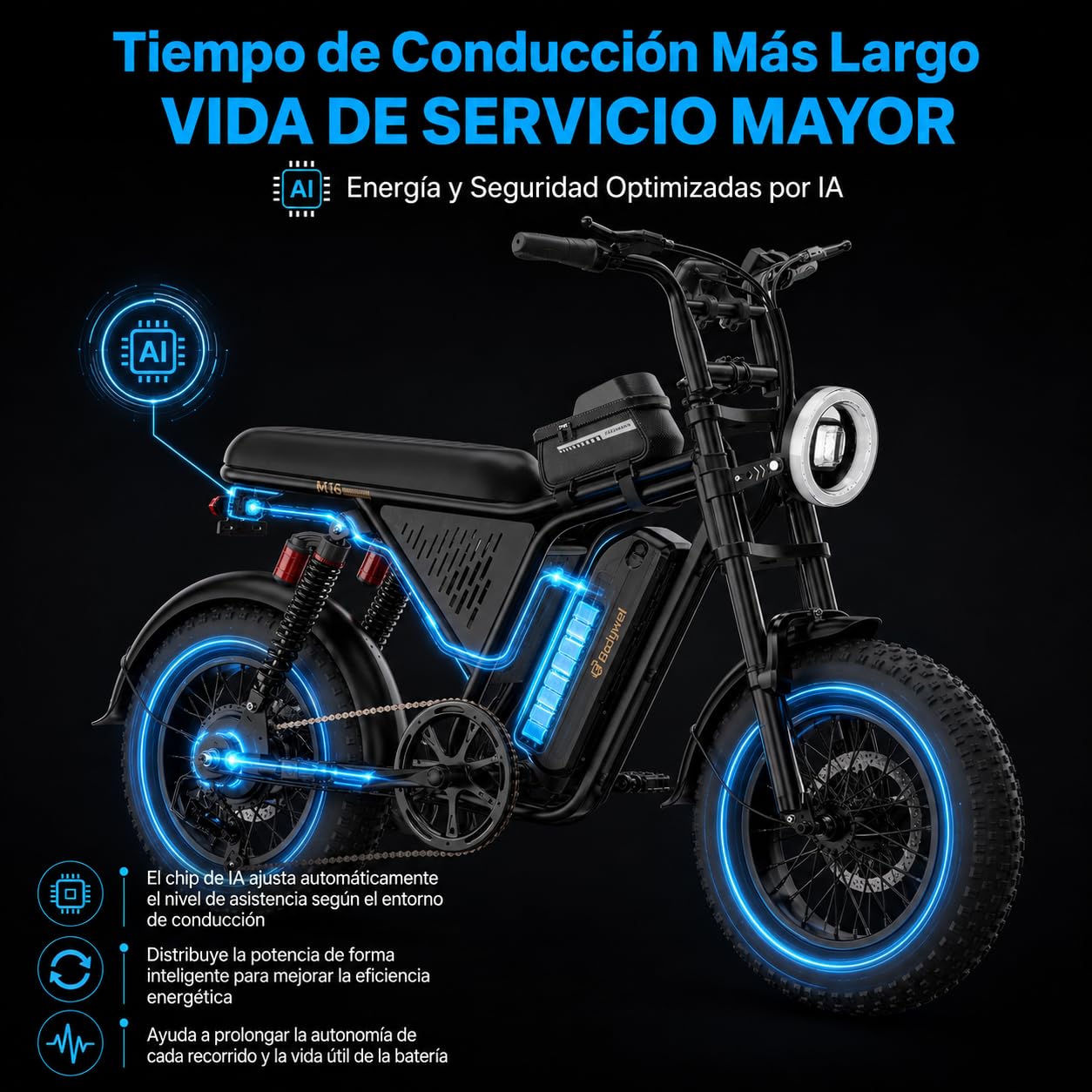 Bodywel Bicicleta Eléctrica de Carretera Adultos, M16Pro 16x4.0” Bicis Electricas de Montaña, Ebike con Batería 48V 15Ah, Motor 250W, 80 km Autonomía (Pas), Pantalla LCD, Suspensión Completa