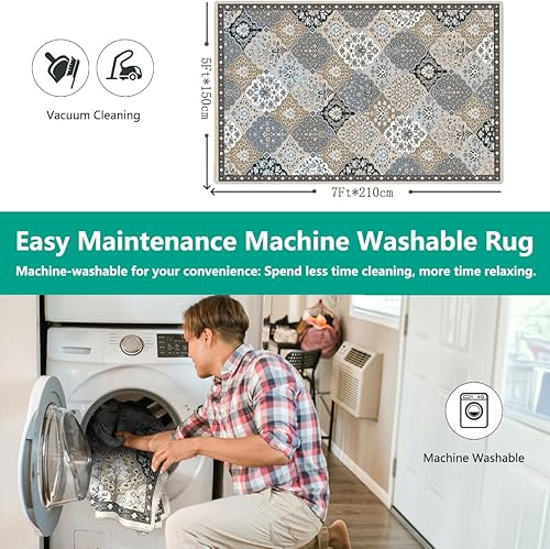 Miniatura 3 de Alfombra lavable a máquina, 5 x 7, ultra suave, diseño de enrejado marroquí, alfombra para sala de estar, grande, oriental, antideslizante, fácil de