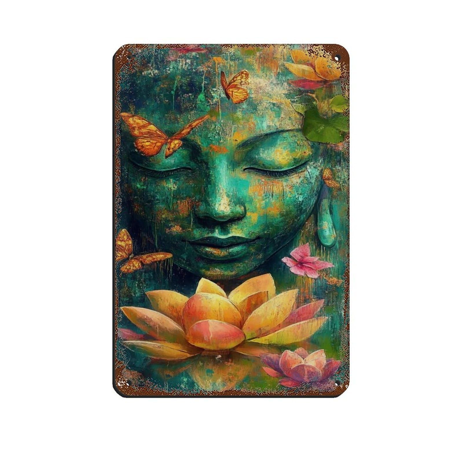 Buddha Face, Lotus And Butterfly Art Tin Sign Vintage Metal Pub Club Cafe Bar Home Wall Art Decoration Poster Retro 8x12inch(20x30cm)