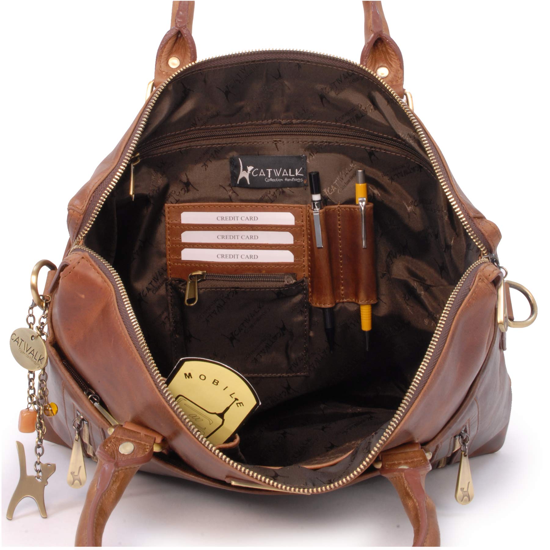 Catwalk Collection Handbags - Grand Cabas Femme Cuir - Sac de Travail/Sac Porté Épaule Avec Bandoulière - Sacoche Ordinateur - Adele - Marron
