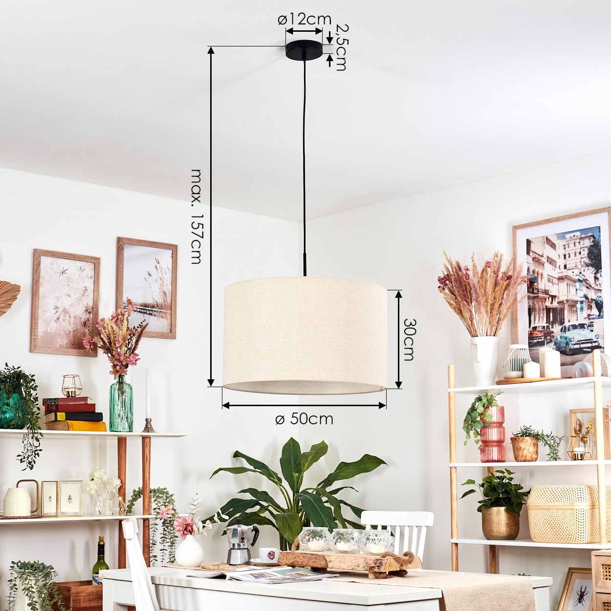 HOFSTEIN Hängeleuchte Flemming, Hängelampe aus Metall/Stoff in Schwarz/Beige/Weiß, moderne Pendelleuchte im modernen Design (Ø 50 cm), E27, Höhe max. 157 cm, Esszimmer, Wohnzimmer, Küche, Flur