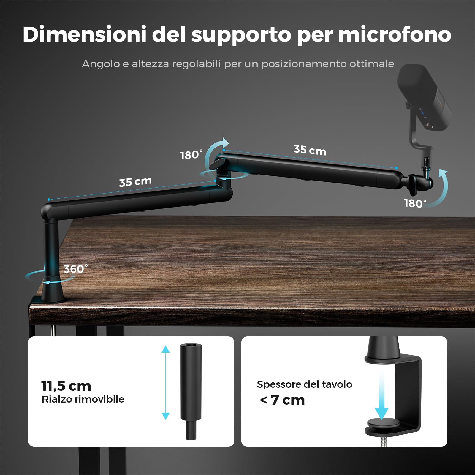 NearStream ST20 Supporto per Microfono con Adattatori 1/4", 3/8" e 5/8", Braccio Microfono Regolabile con Gestione Cavi, Riser 4,5", Montaggio Scrivania per Podcasting, Streaming, Gaming e Home Office