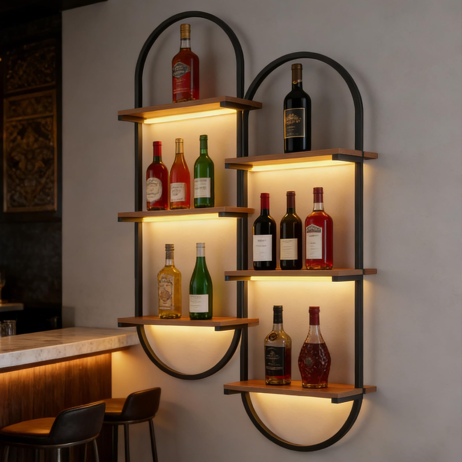 Portabottiglie da parete, portabottiglie fai da te in legno per bottiglie, mensole sospese a 3 livelli per liquori, per cucina, sala da pranzo, bar, cantina (2PCS)