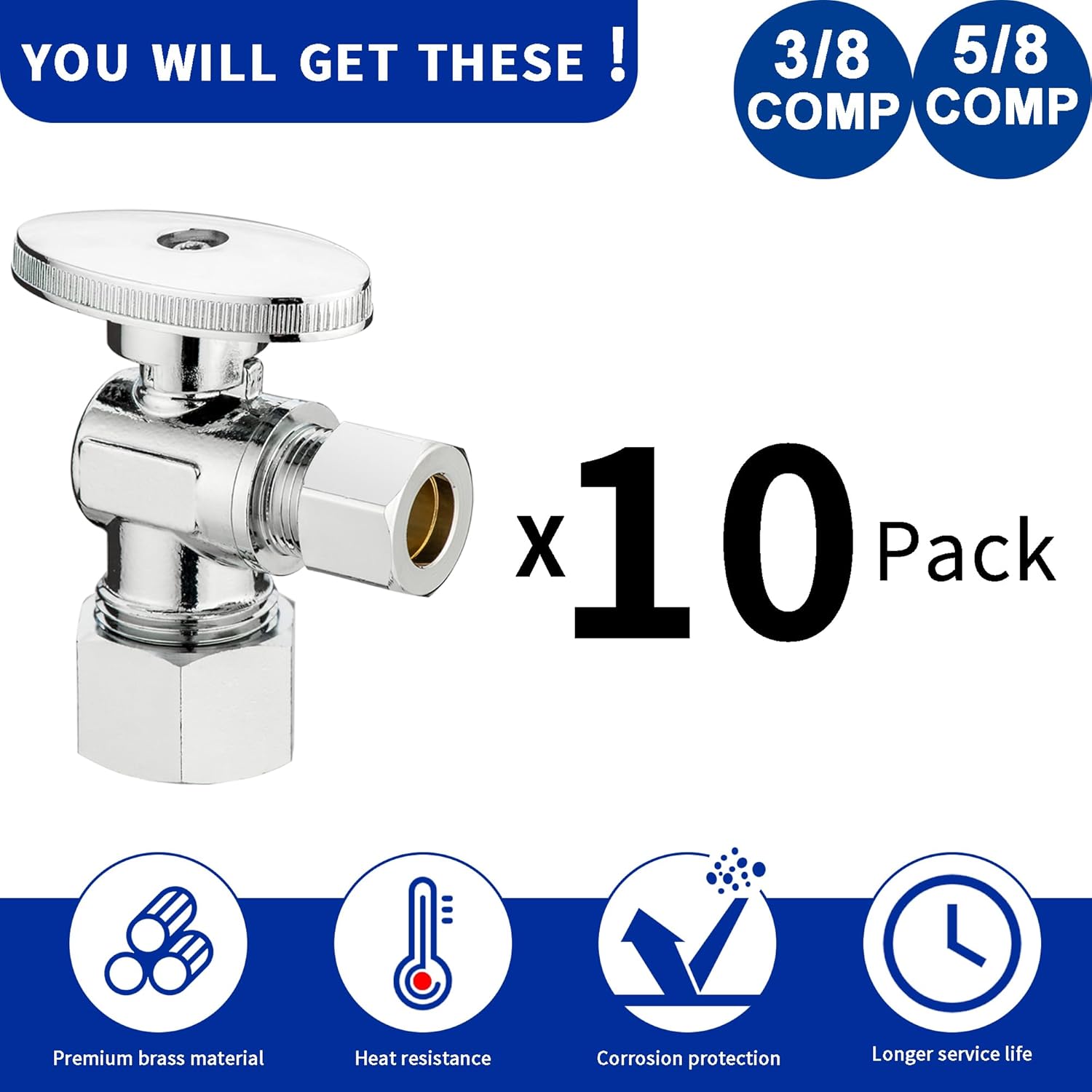 (10 Pack) Lidertik 5/8 inch Compression (for 1/2 inch Normal Pipe) Angle Stop Valve 1/2 inch x 3/8 inch Compression for Water Toilet Bathroom Sink Brass Plated Chrome 1/4 Turn Valve JF-COMP-A(10 PCS)
