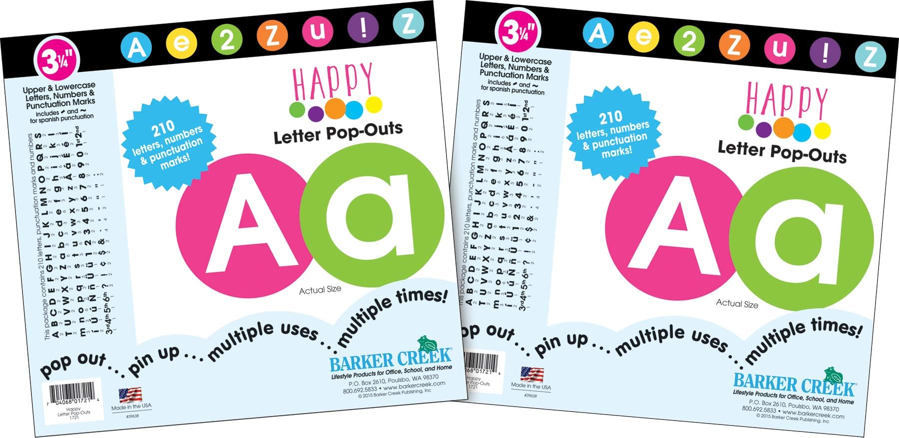 Barker Creek 3 1/4" Circle Letter Pop-Outs 2-Pack, Happy, Jazz Up Your Bulletin Boards with These Colorful Letters, 420 Upper and Lowercase Letters, Numbers & Punctuation Marks (3644)