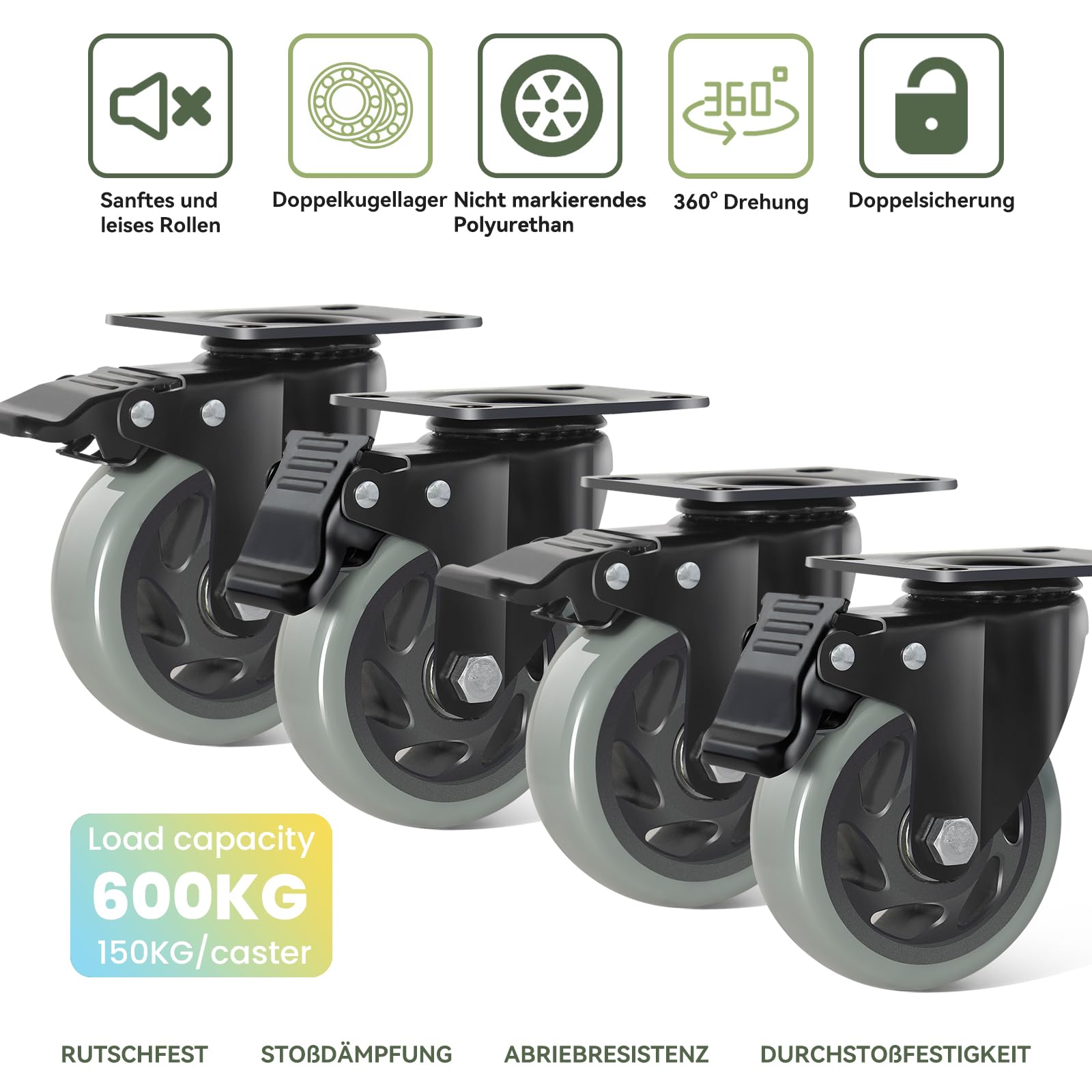 100mm Graue Schwerlastrollen - 4er Set Lenkrollen mit Bremsen bis 600KG inkl. Montagezubehör Möbelrollen für Innen- und Außenbereich - Rollen für Möbel Multifunktionale Transportrollen