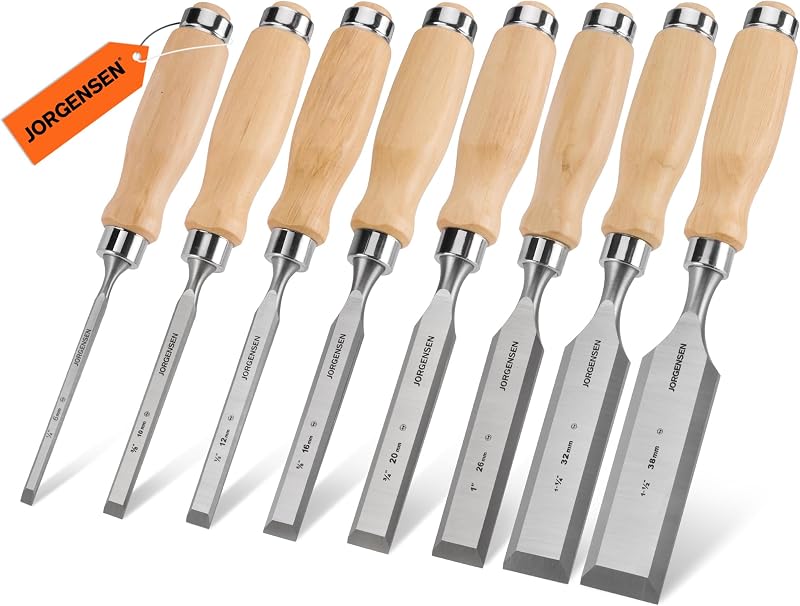 Juego de cinceles para madera de 8 piezas, cinceles para madera con borde biselado de acero de aleación de cromo, cinceles para madera para carpintería, mango ergonómico de madera dura con virola de metal, 1/4" a 1-1/2"