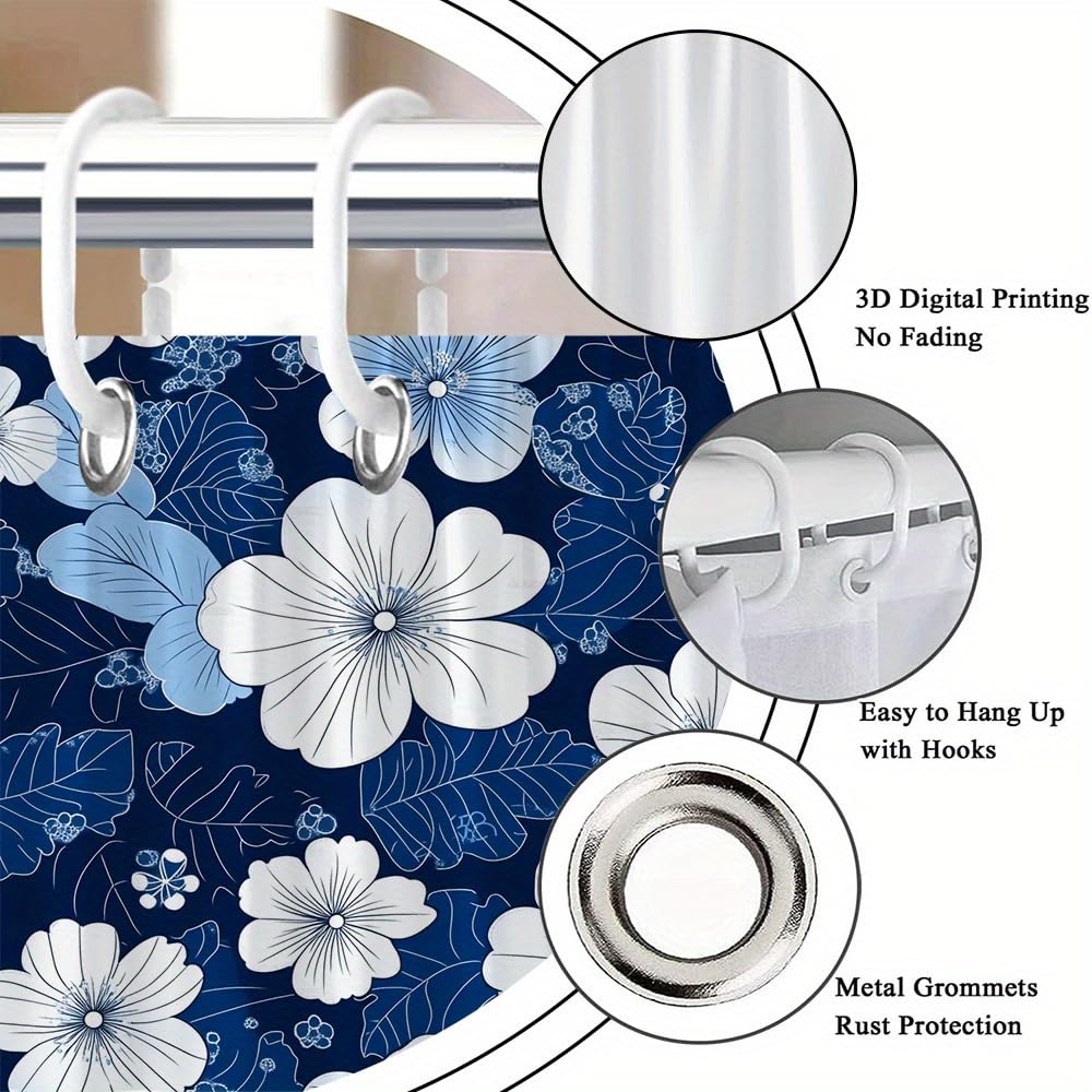 Eleganter Duschvorhang mit japanischem Shibori-Muster und floralen Linienzeichnungen – Polyestergewebe,maschinenwaschbar,Badezimmerdekoration mit 12 Haken(200 x 210 cm/79 x 79 Zoll(B x H)