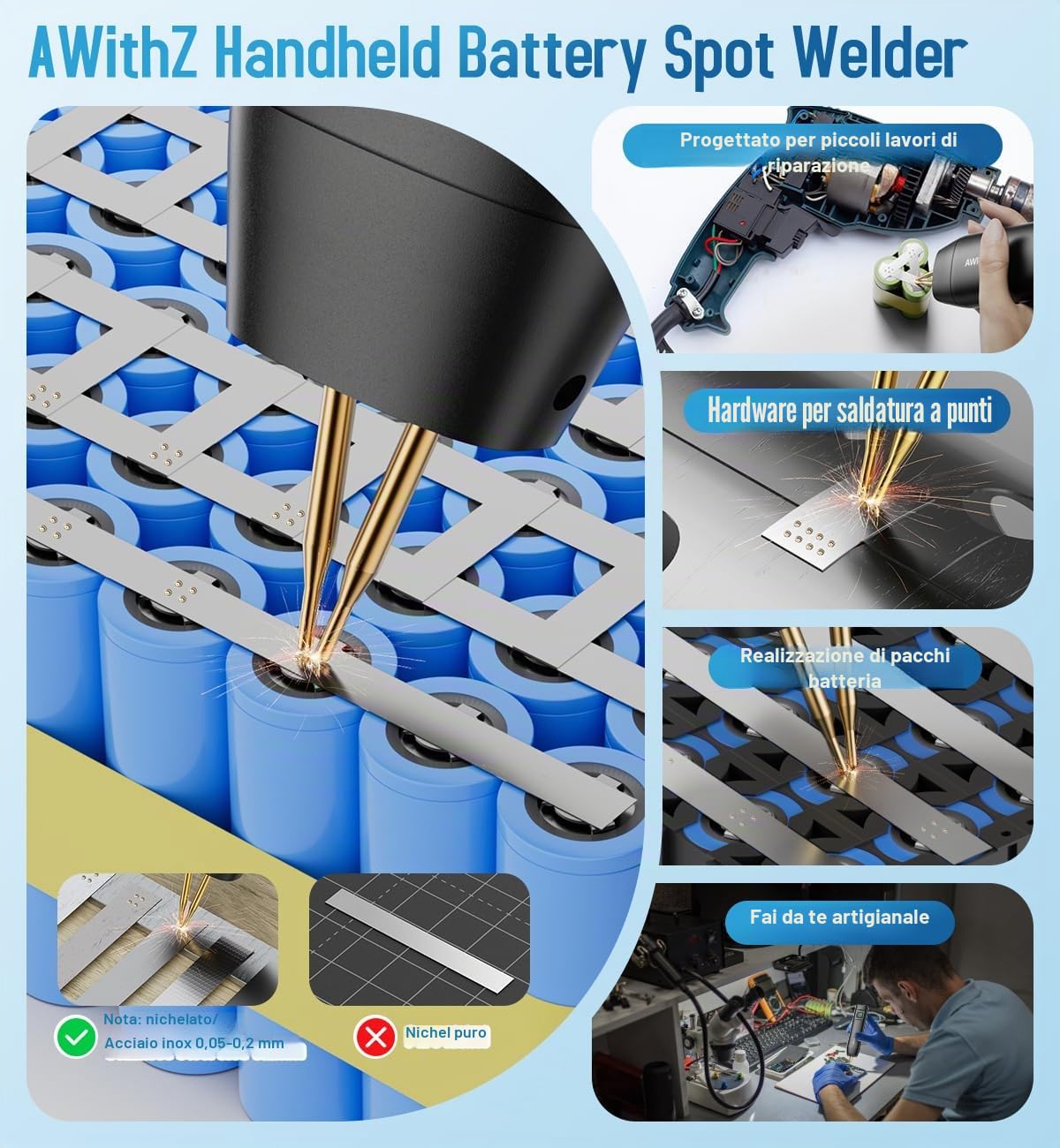 Saldatrice a punti per batterie, AWithZ 2 in 1 Saldatrice a Punti H2 con aghi di ricambio,LCD, 99 Livelli regolabili per riparare piccoli progetti, realizzare pacchi batteria (H2PRO)