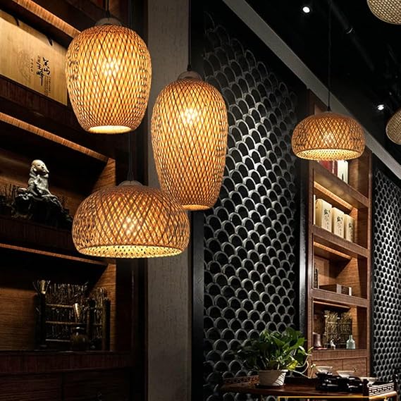 JMrider Hanglamp 3-Vlam Vintage Eettafel Hanglamp Retro Handgemaakte Gevlochten Bamboe Opknoping Lamp Natuurlijke Rotan Opknoping Lamp E27 Hoogte Verstelbare Kroonluchter Cafe Bar Plattelandshuis photo 2