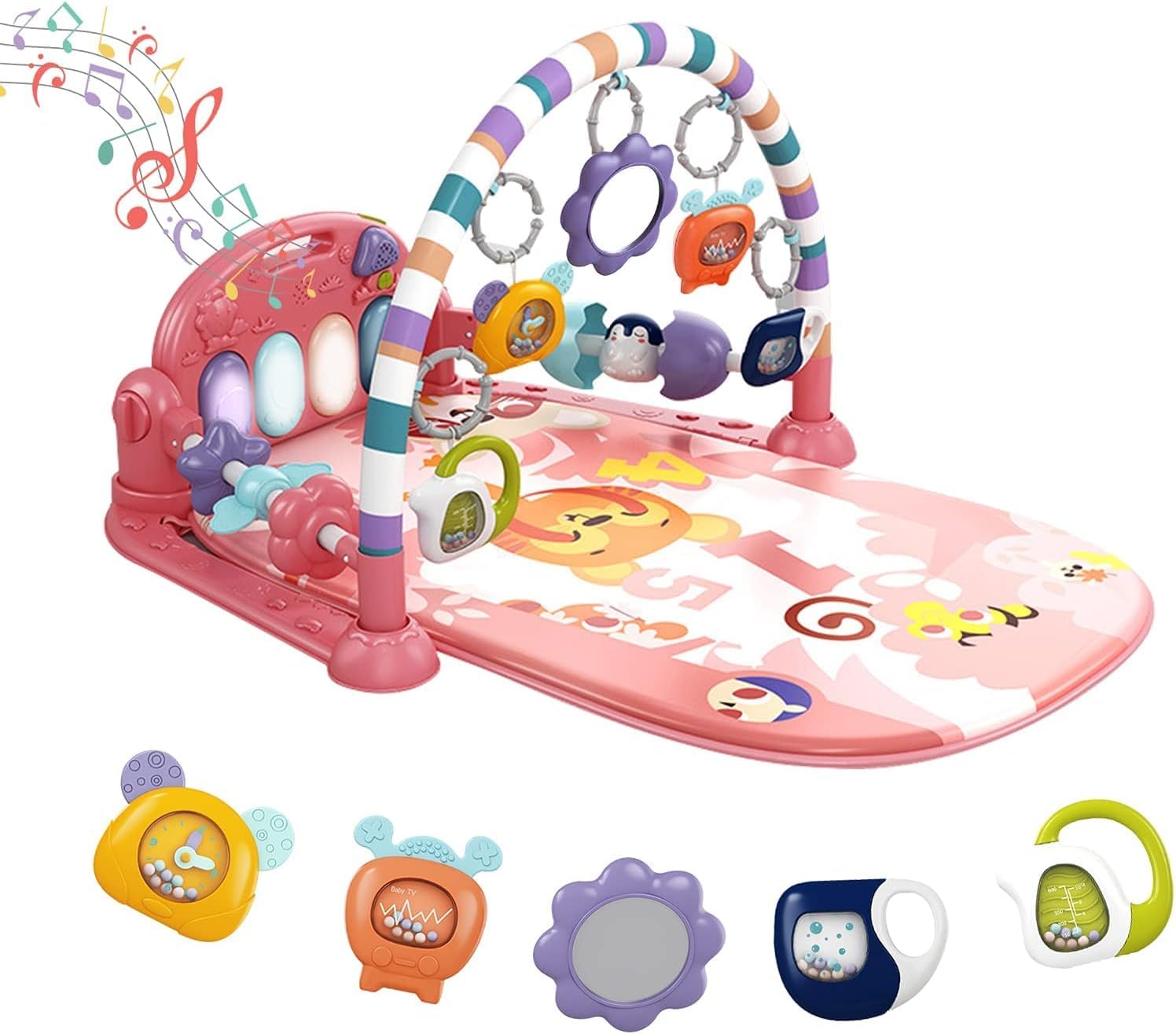 dearlomum Baby Play Mat Gym, Funny Play Piano Tummy Time Activity Mat with 5 Infant Sensory Toys, Music and Lights, Boy & Girl Gifts for Newborns 0 to