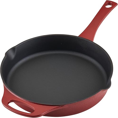 Miniatura 9 de Rachael Ray Sartén de hierro fundido resistente al óxido con mango ayudante y boquillas de vertido, 10 pulgadas, rojo
