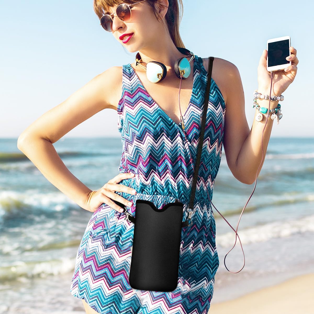 Neoprene Cell Phone Pouch 7.5 X 4.3 in Cloth Mobile Protection Case Bag with Crossbody Strap Neck Lanyard Cell Phone Case Black - Image 2