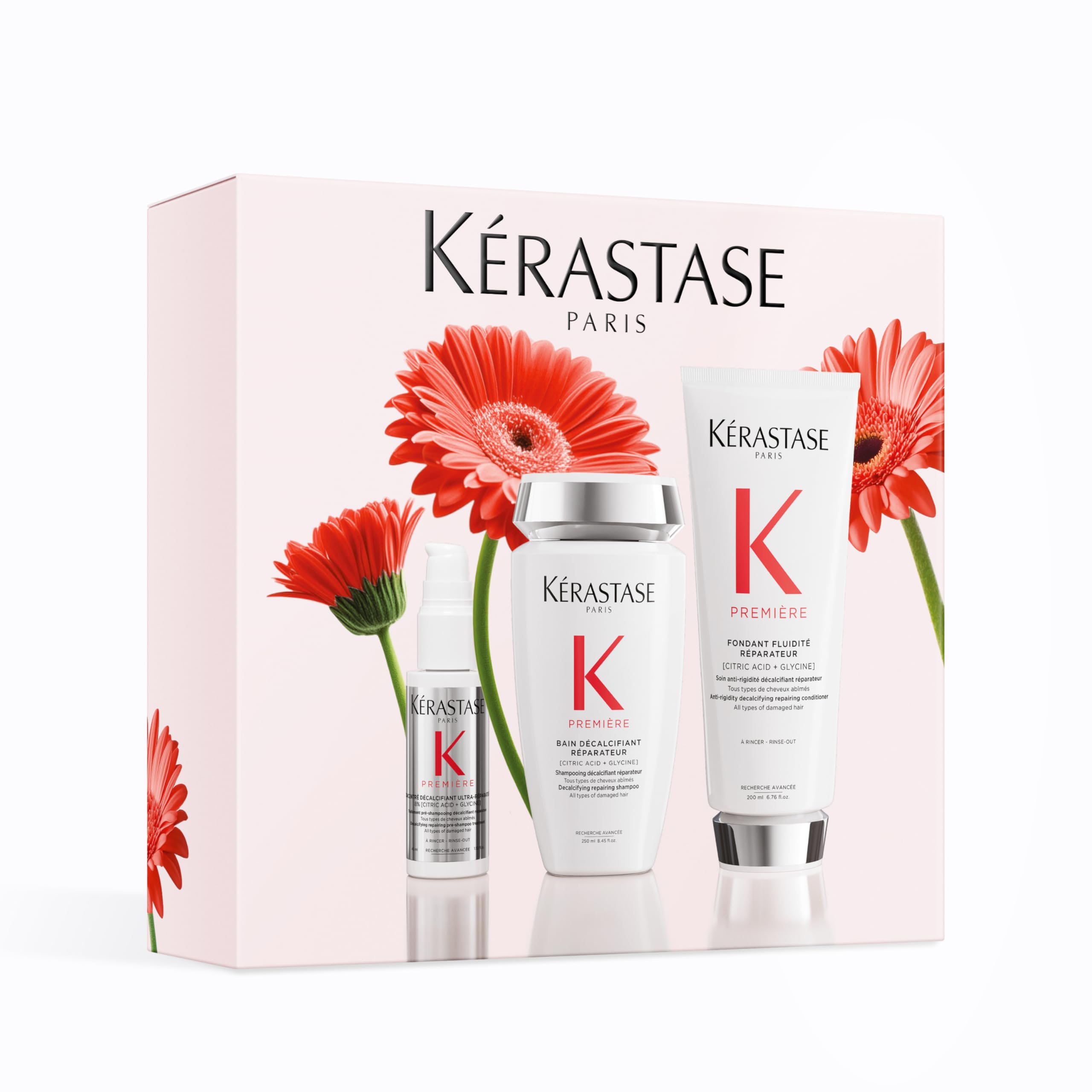 Kérastase Première, Set de Champú, Acondicionador y Loción, Cabellos Dañados, Descalcificante, Con Ácido Cítrico y Glicina, Fuerza y Brillo,