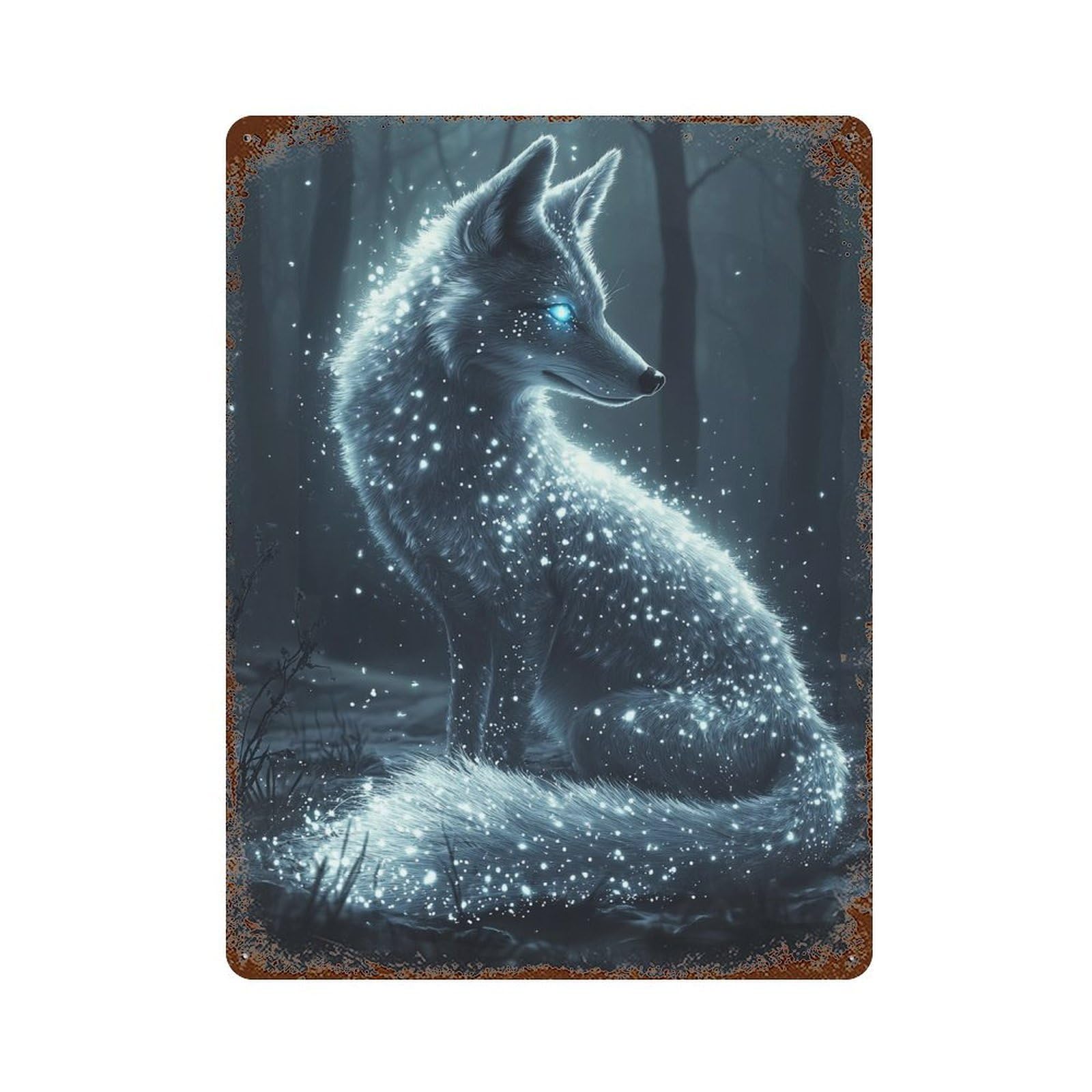 Rust Effect Tin Sign with Enchanted Winter Fox Design 15.7"x11.8", for Pub, Kitchen And Man Cave Decor, Industrial Home Decor