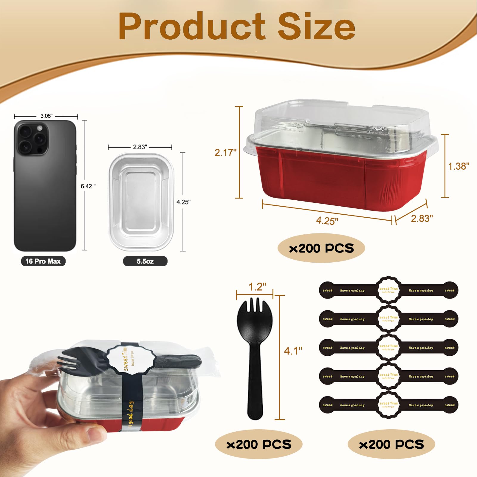 Mini moldes para tartas con tapas y cucharas, rectangulares de 5.5 onzas, mini moldes individuales desechables de papel de aluminio para hornear (200 unidades, rojo)