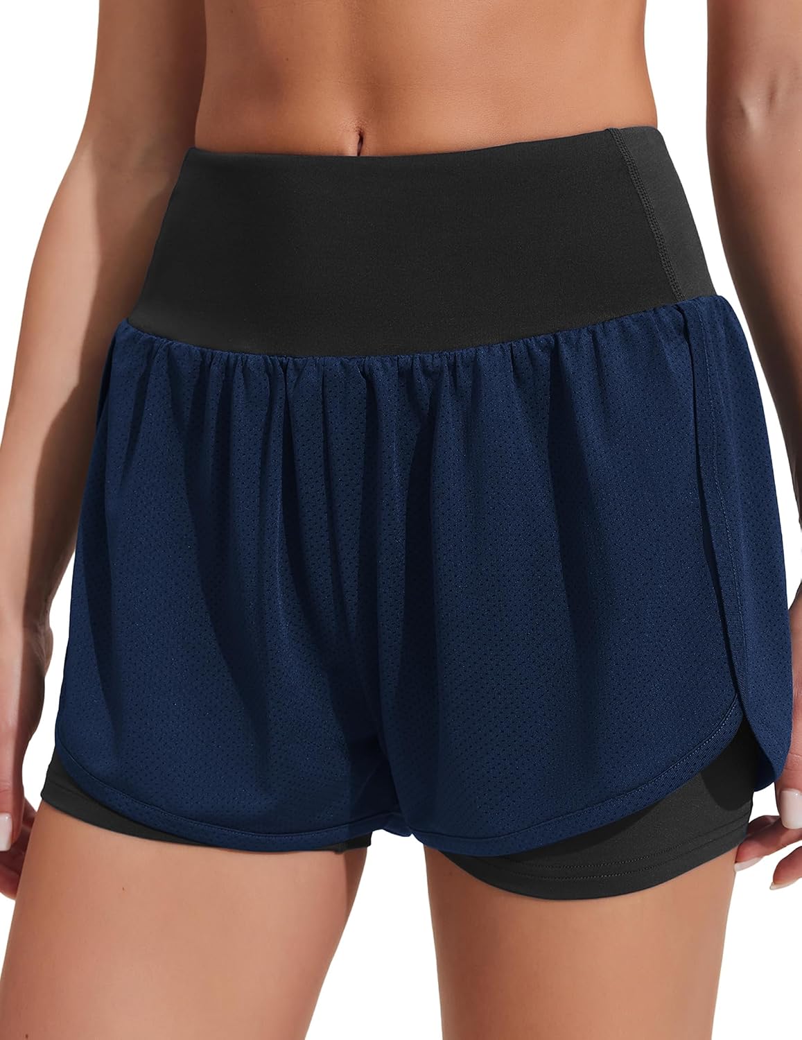 PINSPARK Athletic Shorts for Women High Waisted Workout Short 2 in 1 Running Shorts Gym Shorts with Zipper Pockets