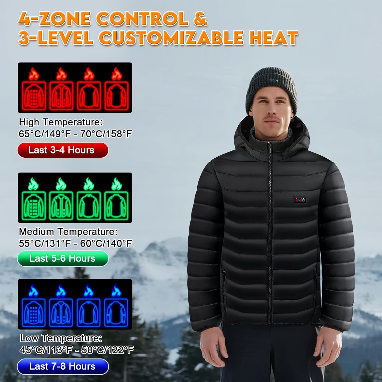 Heated Jacket for Men and Women with Battery Pack 7.4V, Heated Coat Hooded Heating Warm Jackets Windproof USB Charging Electric Body Warmer (US, Alpha, L）