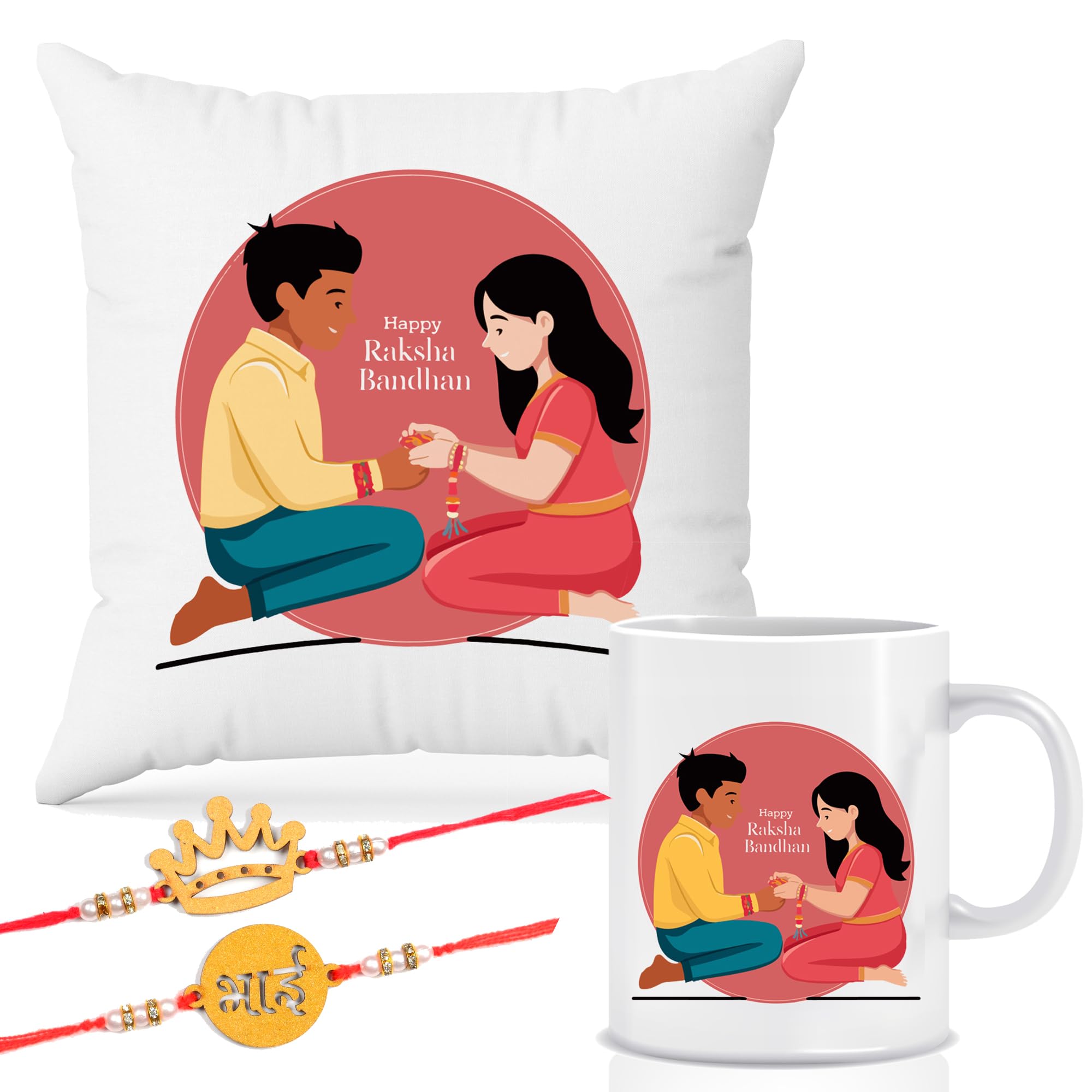 Raksha Bandhan Gift Combo – Cushion with Filler, Printed Coffee Mug & 2 Rakhi | Cute Brother Sister Cartoon Design | Rakhi Gift Set for Brother, RKCMUG-15