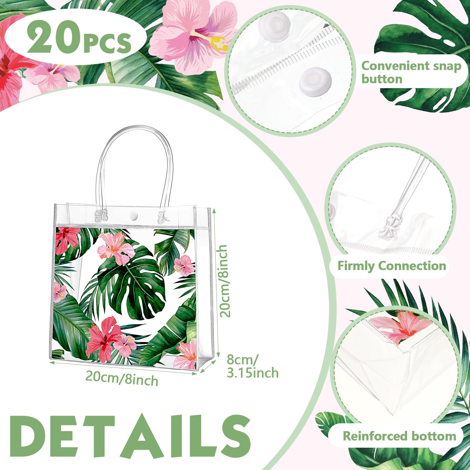 Aliceset 20 Pcs Hawaiian Luau Clear Gift Bags with Handles Summer Tropical Aloha Palm Leaves Goodie PVC Plastic Favor Bags for Summer Party Birthday Party Supplies, 8 x 8 x 3.15 Inch