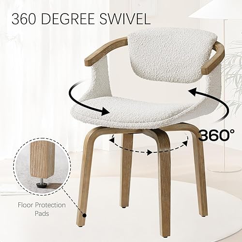 Miniatura 5 de Zouron Silla de escritorio giratoria sin ruedas, silla de oficina moderna de mediados de siglo, silla de comedor Boucle con patas de madera, silla