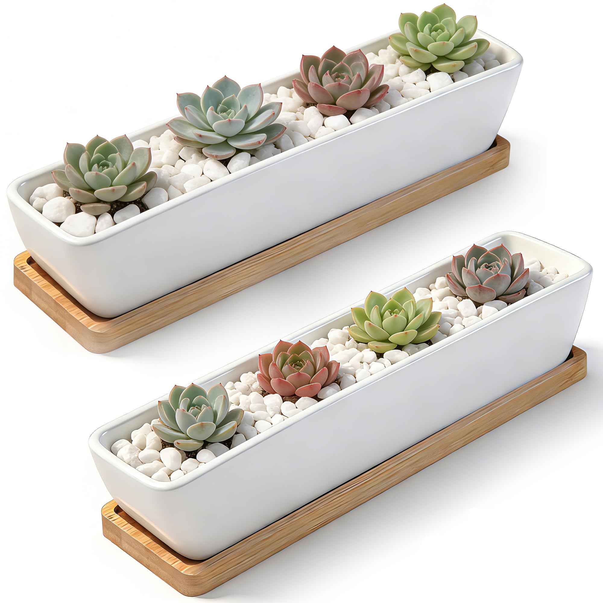 ARVINKEY White Ceramic Succulent Planters, Indoor and Outdoor Succulent Planters, Set of 2 Cactus Containers, Bonsai Pots, Flower Pots with Drainage Hole and Bamboo Bowl (No Plant) — image 1