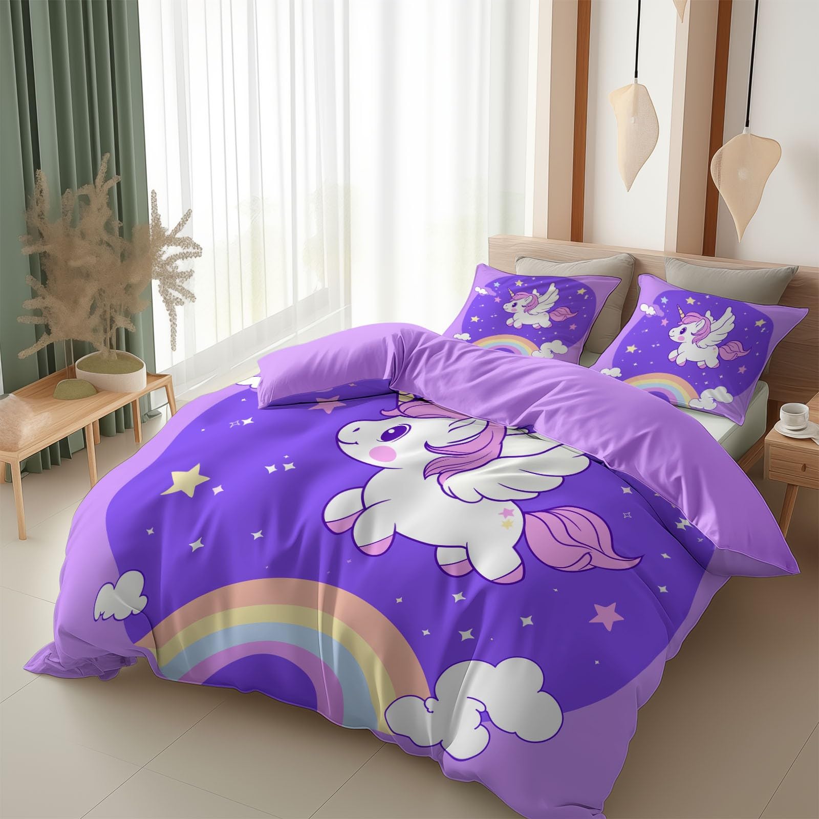 Komplet pościeli 240 x 220 cm dla dorosłych chłopców i dziewczynek, wzór tęczowego jednorożca, poszwa na kołdrę 2-osobowa z mikrofibry z zamkiem błyskawicznym, 3-częściowy z 2 poszewkami na