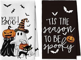 Artoid Mode Ghost Bat Pumpkins Halloween Bar Kitchen Towels Tea Towels, 42 x 65 cm, Cat Microfibre Absorbent Towels, Kitchen Decoration, Set of 2
