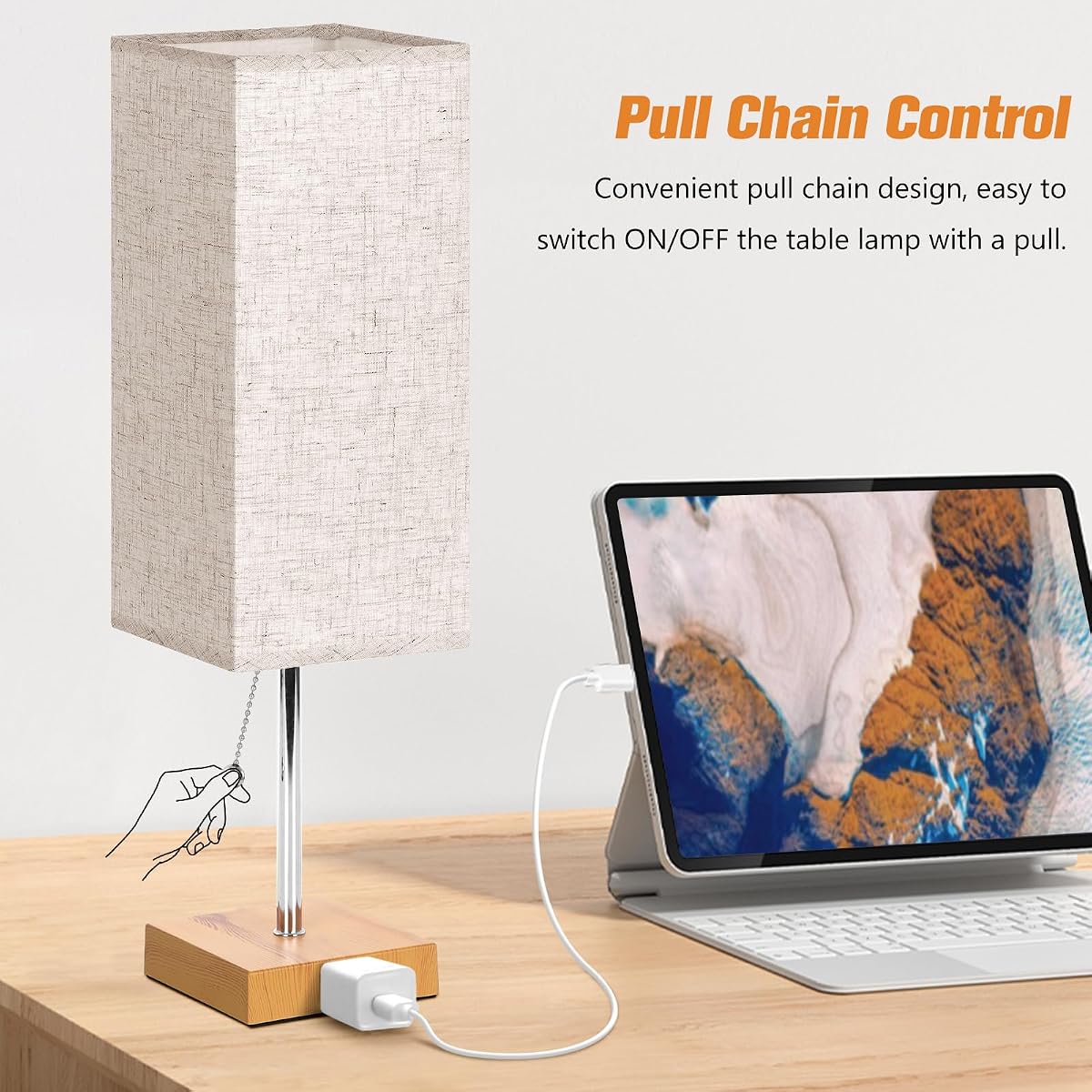 PLMMY Table Lamp Set of 2, 18 Inch Flaxen Shade-Wood Base, 3 Color