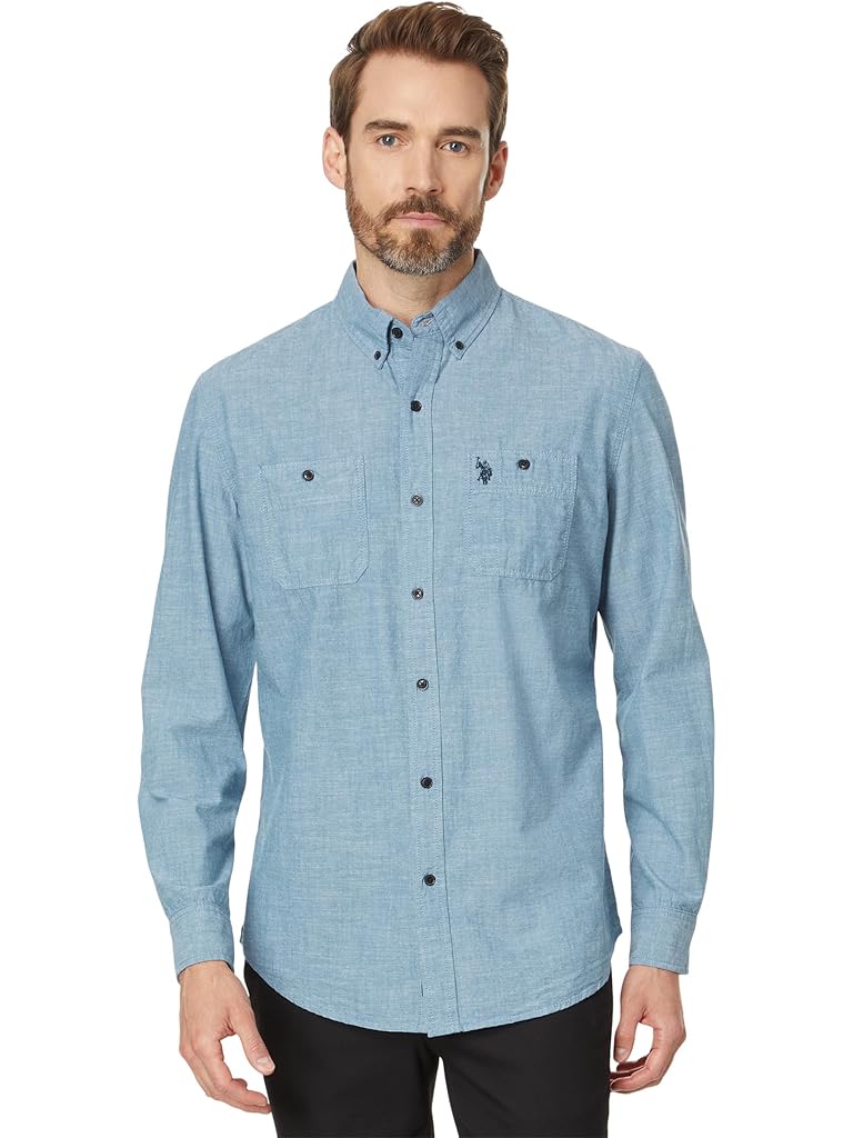 U.S. POLO ASSN. Long Sleeve Classic Fit Solid 2 Pocket Canvas Slub Woven Shirt